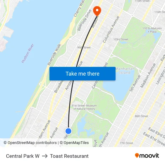 Central Park W, New York, NY 10023 to Toast Restaurant map