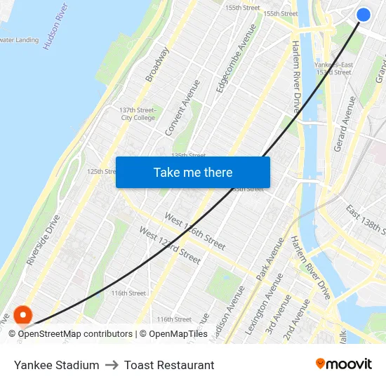 Yankee Stadium to Toast Restaurant map