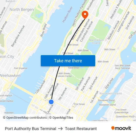 Port Authority Bus Terminal to Toast Restaurant map