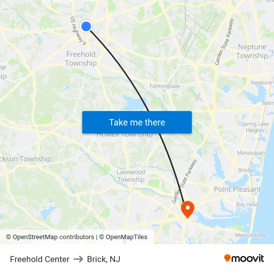 Freehold Center to Brick, NJ map
