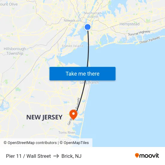 Pier 11 / Wall Street to Brick, NJ map
