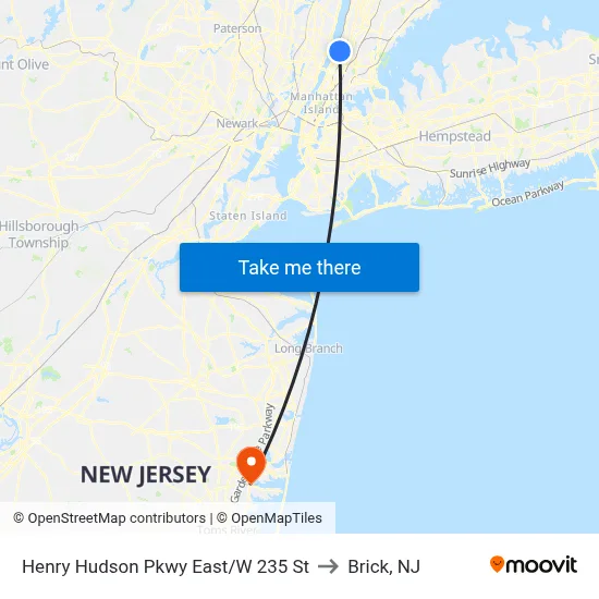 Henry Hudson Pkwy East/W 235 St to Brick, NJ map