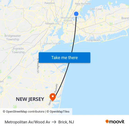 Metropolitan Av/Wood Av to Brick, NJ map