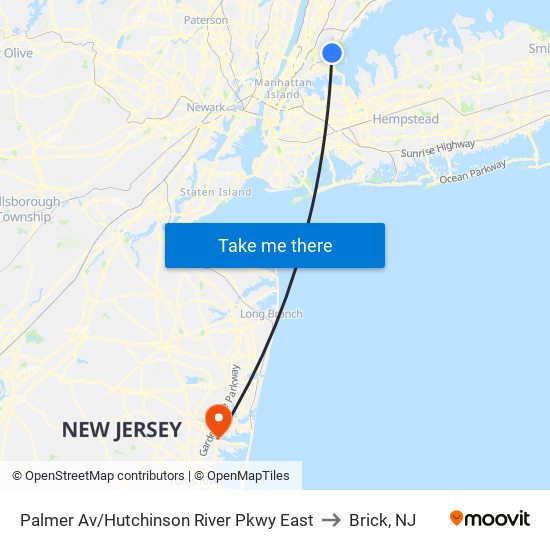 Palmer Av/Hutchinson River Pkwy East to Brick, NJ map