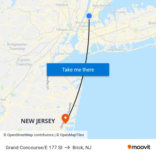 Grand Concourse/E 177 St to Brick, NJ map