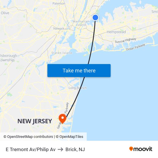 E Tremont Av/Philip Av to Brick, NJ map