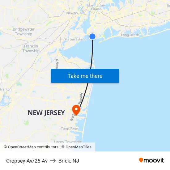 Cropsey Av/25 Av to Brick, NJ map