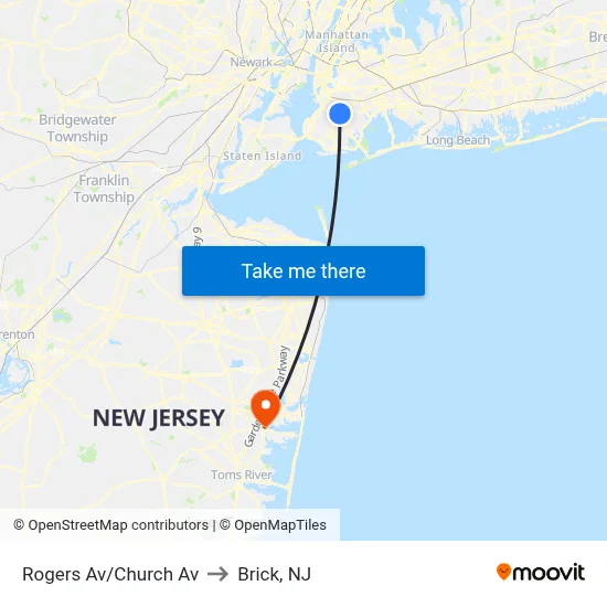 Rogers Av/Church Av to Brick, NJ map