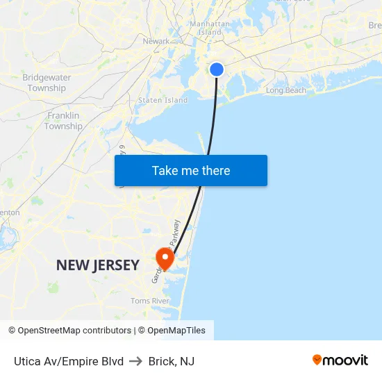 Utica Av/Empire Blvd to Brick, NJ map