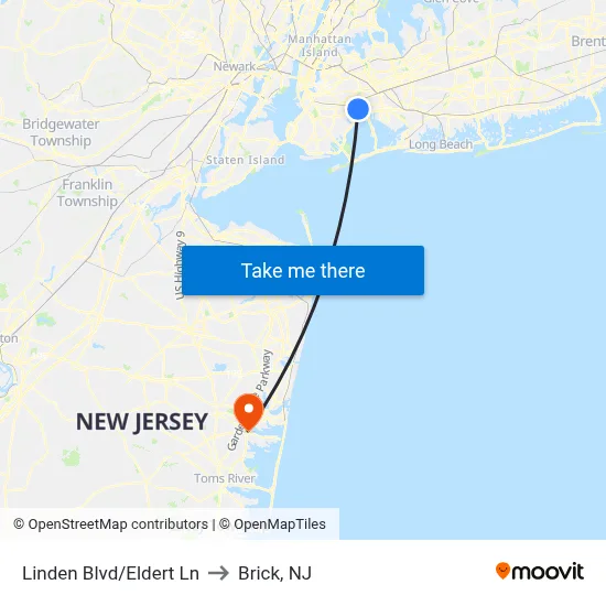 Linden Blvd/Eldert Ln to Brick, NJ map