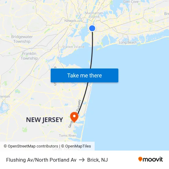 Flushing Av/North Portland Av to Brick, NJ map