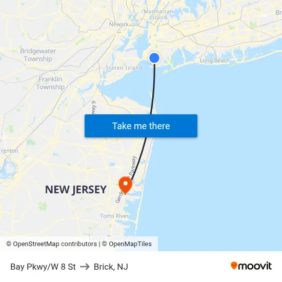 Bay Pkwy/W 8 St to Brick, NJ map