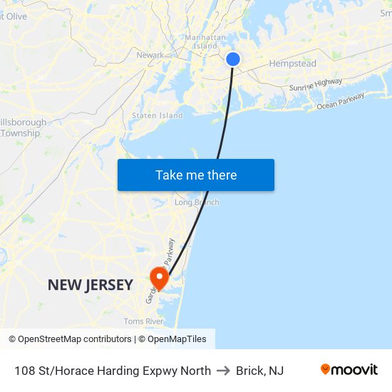 108 St/Horace Harding Expwy North to Brick, NJ map