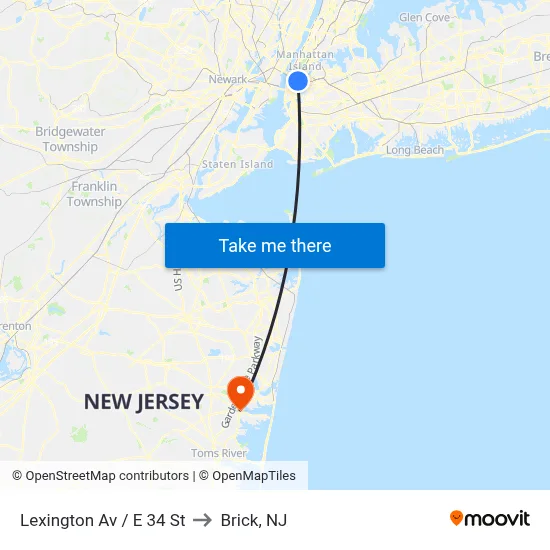 Lexington Av / E 34 St to Brick, NJ map