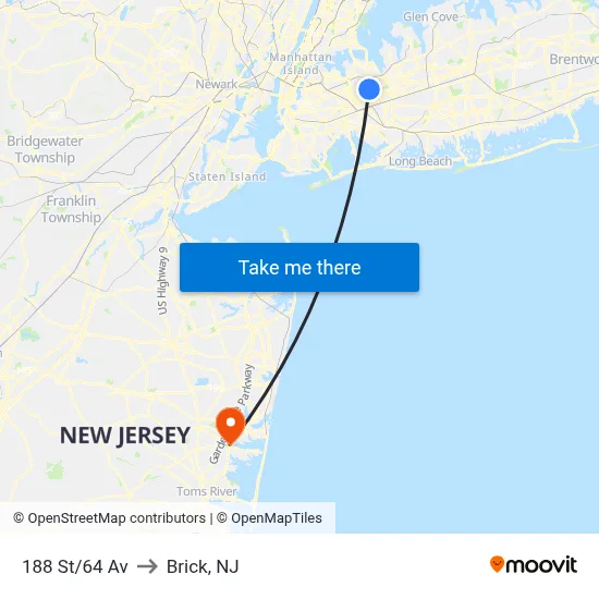 188 St/64 Av to Brick, NJ map