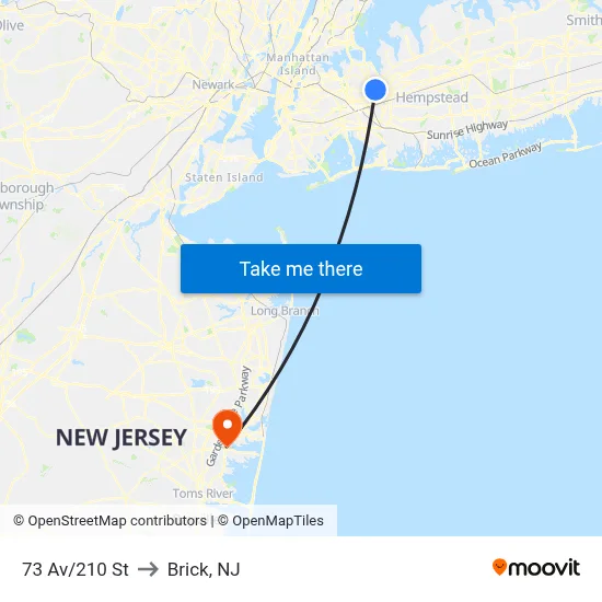 73 Av/210 St to Brick, NJ map