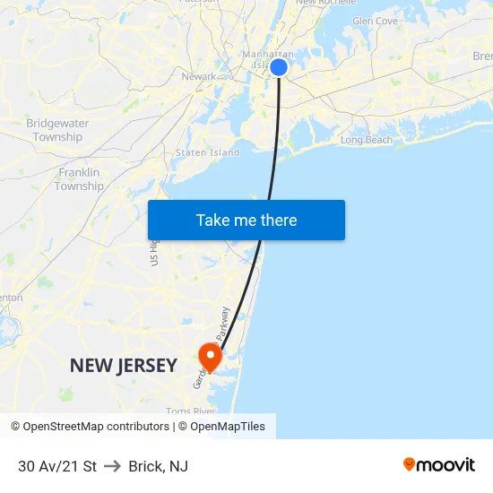 30 Av/21 St to Brick, NJ map