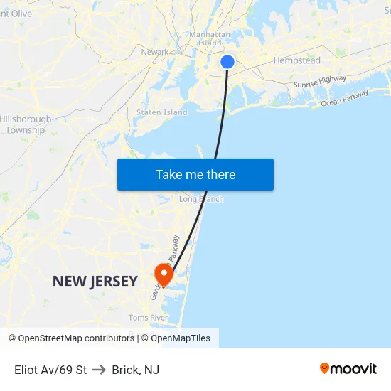 Eliot Av/69 St to Brick, NJ map