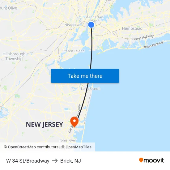 W 34 St/Broadway to Brick, NJ map