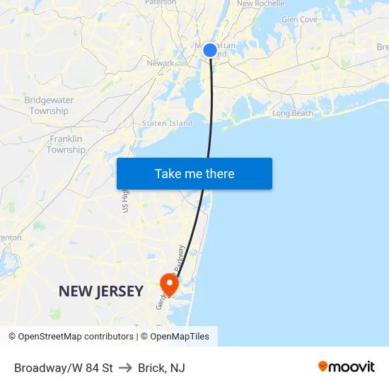 Broadway/W 84 St to Brick, NJ map