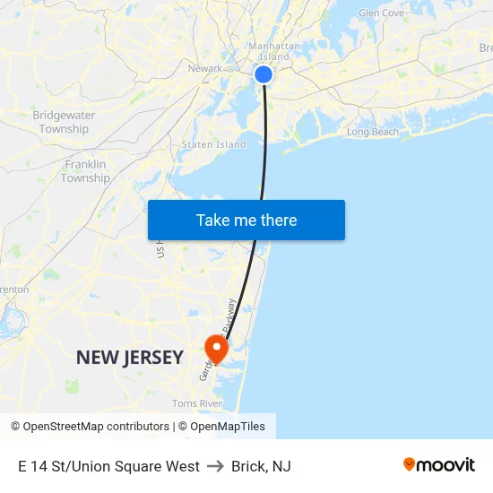 E 14 St/Union Square West to Brick, NJ map