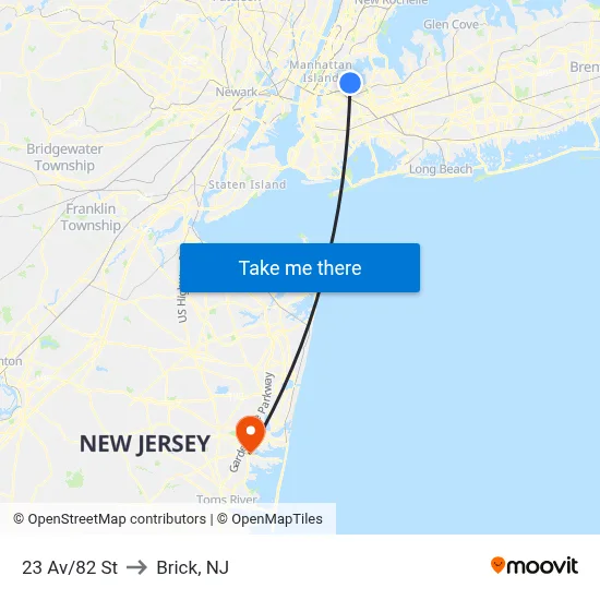 23 Av/82 St to Brick, NJ map