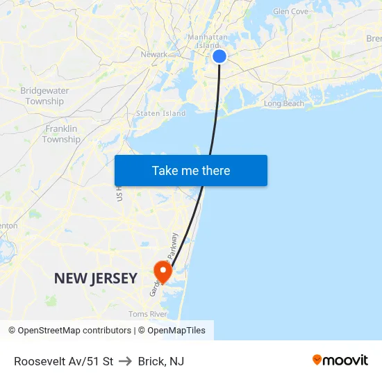 Roosevelt Av/51 St to Brick, NJ map