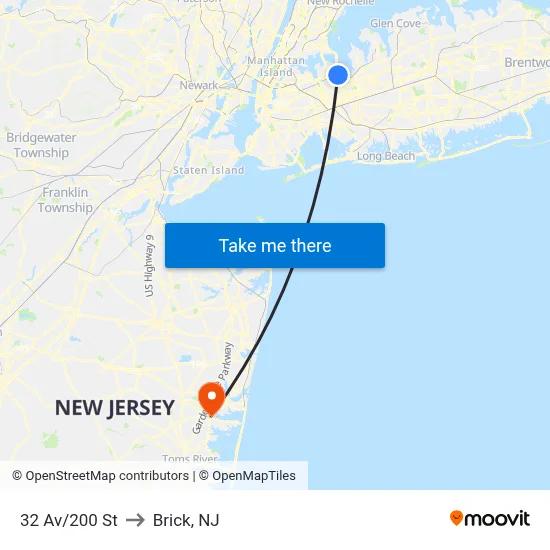 32 Av/200 St to Brick, NJ map
