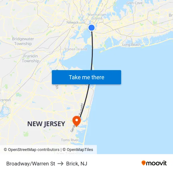 Broadway/Warren St to Brick, NJ map
