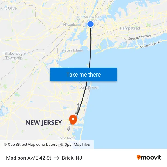 Madison Av/E 42 St to Brick, NJ map