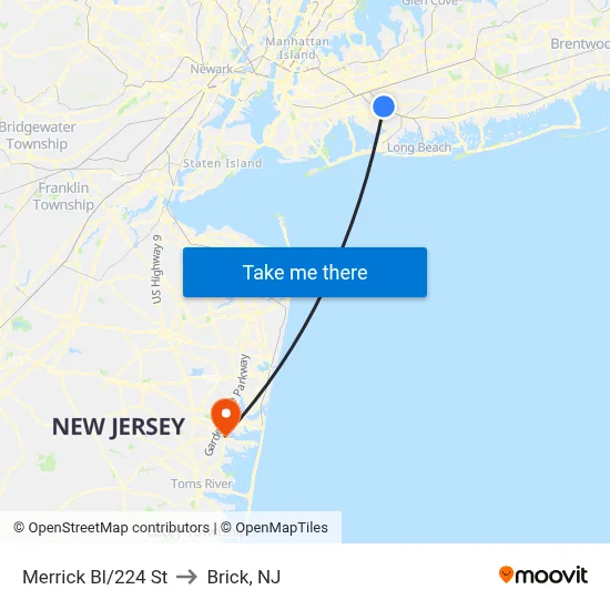 Merrick Bl/224 St to Brick, NJ map