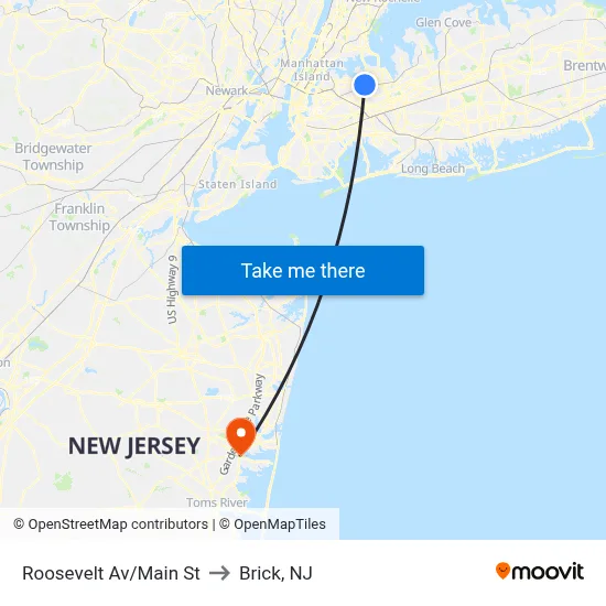 Roosevelt Av/Main St to Brick, NJ map