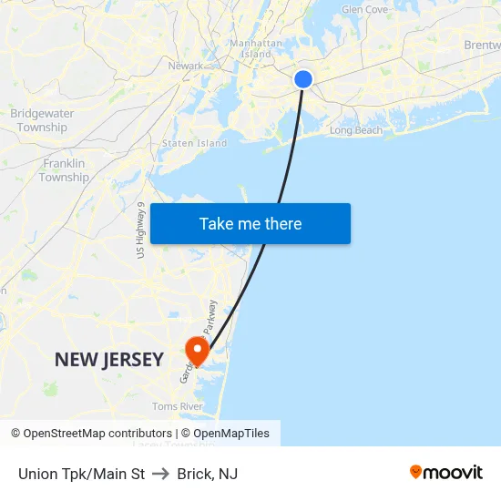 Union Tpk/Main St to Brick, NJ map
