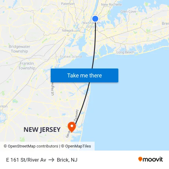 E 161 St/River Av to Brick, NJ map