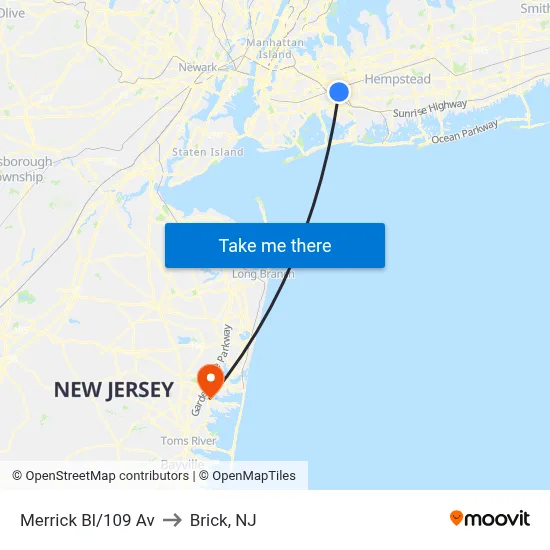 Merrick Bl/109 Av to Brick, NJ map