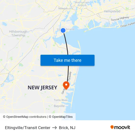 Eltingville/Transit Center to Brick, NJ map