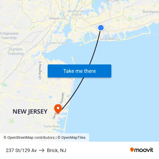 237 St/129 Av to Brick, NJ map