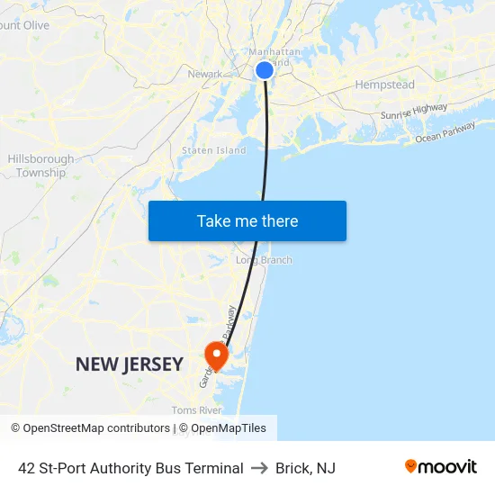 42 St-Port Authority Bus Terminal to Brick, NJ map