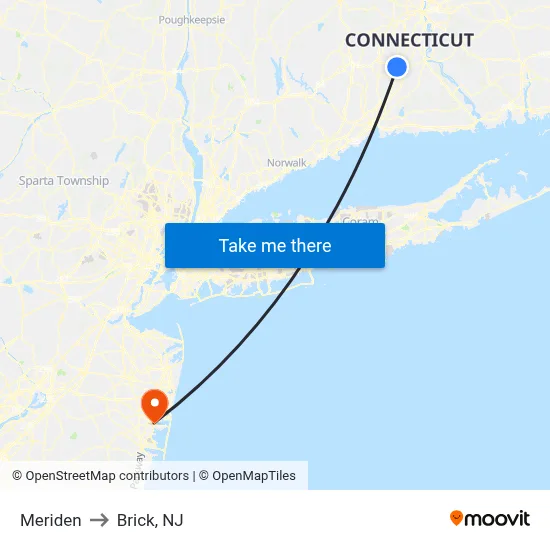 Meriden to Brick, NJ map