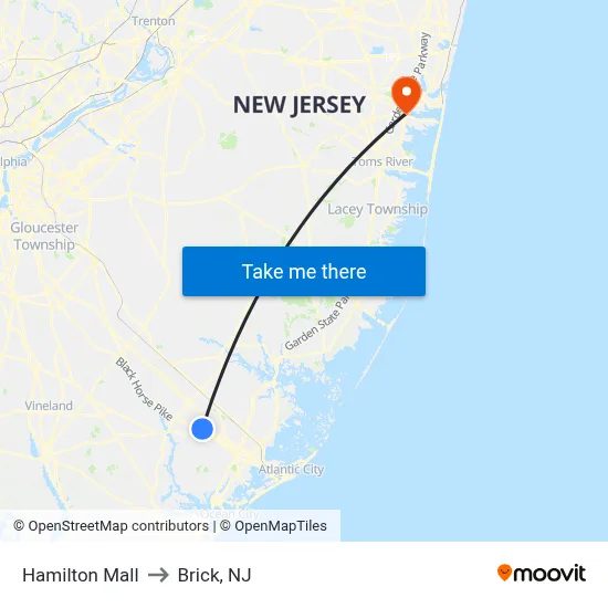 Hamilton Mall to Brick, NJ map