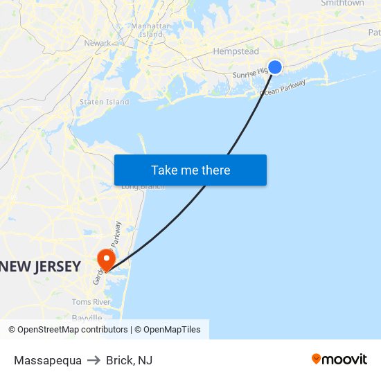 Massapequa to Brick, NJ map