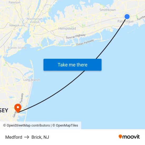Medford to Brick, NJ map