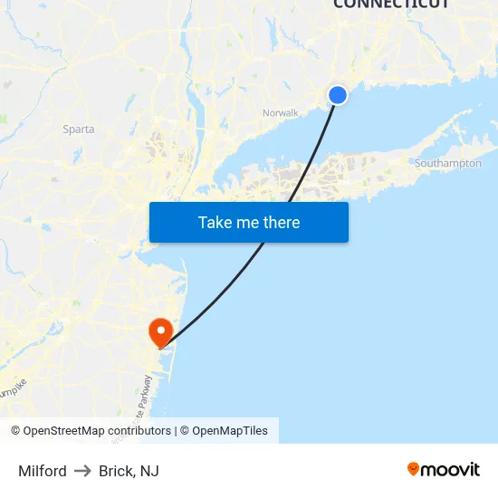 Milford to Brick, NJ map