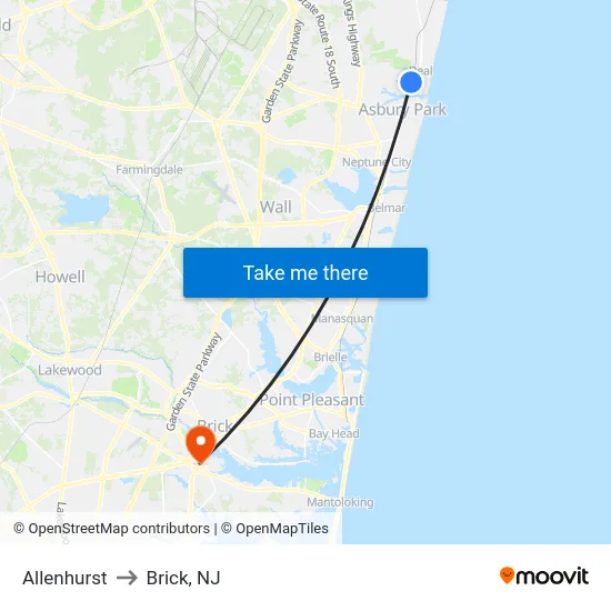 Allenhurst to Brick, NJ map