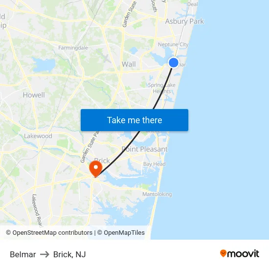 Belmar to Brick, NJ map