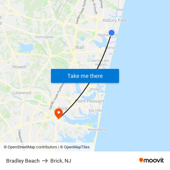 Bradley Beach to Brick, NJ map