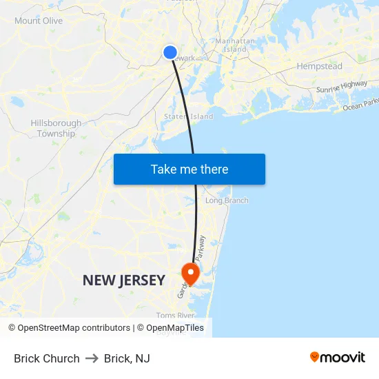 Brick Church to Brick, NJ map