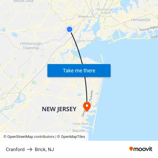 Cranford to Brick, NJ map