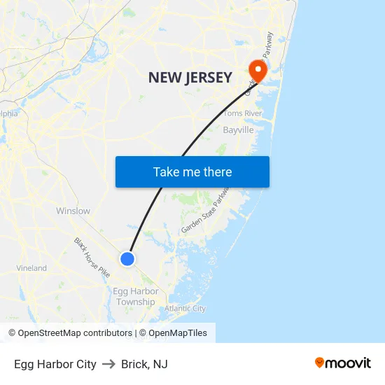 Egg Harbor City to Brick, NJ map