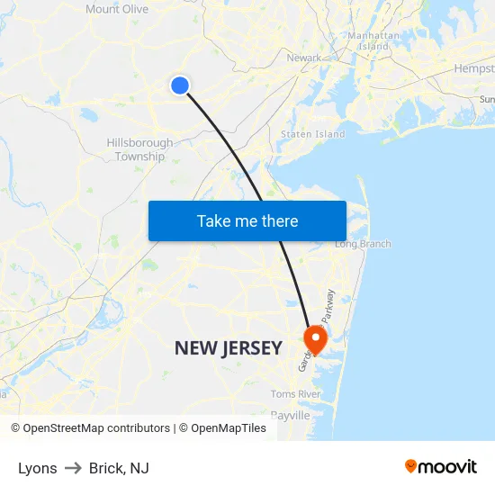 Lyons to Brick, NJ map